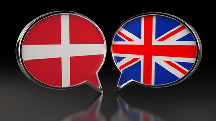 Denmark and United Kingdom flags with Speech Bubbles. 3D illustration