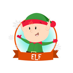 Christmas poster design with cartoon smiling elf. Drawing of elf in green costume in red round frame on white background. Can be used for postcards, greeting cards, leaflets