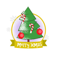 Christmas poster design with fir tree and decoration. Drawing of green fir tree with decorations in golden round frame on white background. Can be used for postcards, greeting cards, leaflets