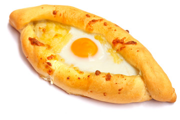 fast food, snack, cheese and egg pie, khachapuri isolated on white background