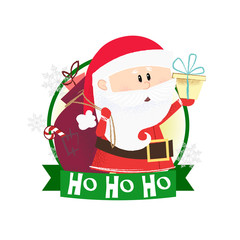 Christmas poster design with Santa Claus. Drawing of Santa Claus holding gift sack and gift box in round green frame on white background. Can be used for postcards, greeting cards, leaflets