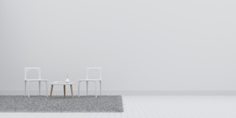 View of white room space with furniture,chairs and carpet on laminate floor.Perspective of minimal design architecture. 3d rendering.