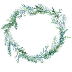 Winter watercolor painted Christmas wreath on white background.Watercolor winter painting vintage round frame with branches of juniper, Christmas trees. Traditional christmas decoration