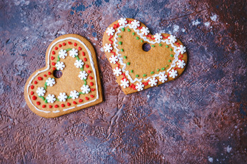 Gingerbread Cookies Hearts on a dark background Valentines Day concept Love Top view