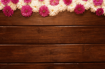 Bright pink chrysanthemum flowers on brown natural wooden surface old desk boards. Dark table surface texture background, wood planks grunge wall pattern top view Copy space