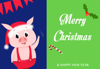 Creative postcard design with piglet. Creative inscription with piglet in red jumpsuit on dark blue and green background. Can be used for postcards, invitations, greeting cards