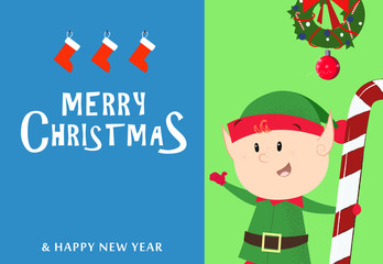Festive poster design with Christmas elf. Merry Christmas and Happy New Year inscription with Christmas wreath on green and blue background. Can be used for postcards, invitations, greeting cards