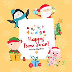 Happy New Year and warmest wishes yellow postcard with piglet, elf, penguin, Santa Claus and fir tree on yellow background with snowflakes. Can be used for postcards, greeting cards, leaflets