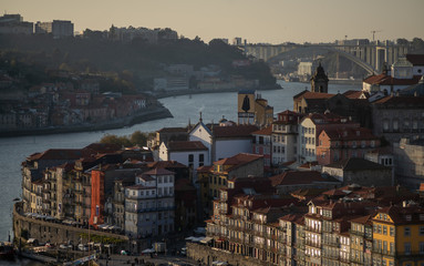 view at sunset of ribeira district city of porto, Portugal