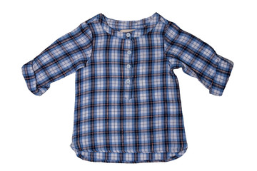 Children clothes. Fashionable blue checkered kids girl shirt with half-length sleeves isolated on a white background. Summer fashion.