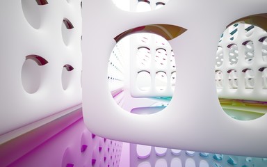 Abstract dynamic interior with white smooth objects and  colored glass lines. 3D illustration and rendering