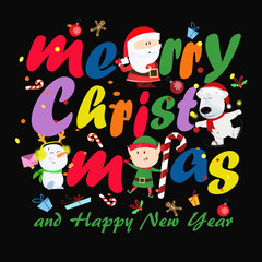 Merry Christmas and Happy New Year black postcard with creative lettering. Multicolored calligraphy with cartoon characters on black background. Can be used for postcards, greeting cards, leaflets