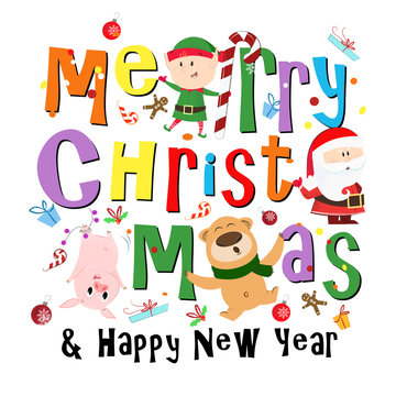 Merry Christmas and Happy New Year multicolored poster design. Multicolored inscription with cartoon characters on white background. Can be used for postcards, greeting cards, leaflets