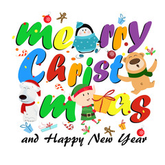 Merry Christmas and Happy New Year white postcard with cartoon characters. Multicolored calligraphy with cartoon characters on white background. Can be used for postcards, greeting cards, leaflets