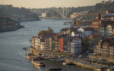 view at sunset of ribeira district city of porto, Portugal