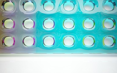 abstract architectural interior with colored smooth glass sculpture with black lines. 3D illustration and rendering