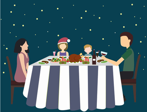 Christmas or New year background with happy family celebrating at the table. Christmas table with food and drink. Vector flat design for poster, card, banner.
