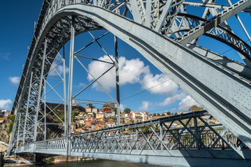 view of ribeira district from dom luise bridge in porto city