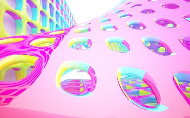 abstract architectural interior with colored smooth glass sculpture . 3D illustration and rendering