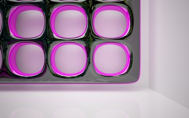 abstract architectural interior with colored smooth glass sculpture with black lines. 3D illustration and rendering