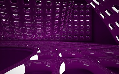 Abstract interior of the future in a minimalist style with violet violet sculpture. Night view from the backligh. Architectural background. 3D illustration and rendering
