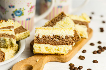 cake with coffee filling on a wooden board