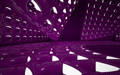 Abstract interior of the future in a minimalist style with violet violet sculpture. Night view from the backligh. Architectural background. 3D illustration and rendering