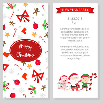 New Year party program design. White booklet with cartoon characters of Santa, cute piggy and elf. Can be used for festive program, party, invitations