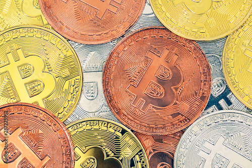 Close Up Virtual Currency Background Bitcoin Gold Silver Bronze - 
