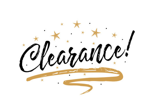 Clearance. Beautiful greeting card, calligraphy text word. Hand bell, Christmas tree toy, candle, art design old style. Drawing invitations. Handwritten modern brushes vector isolated background