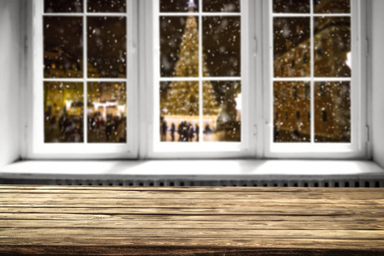 table background and window with christmas tree 