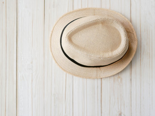 flat lay copy space on travel hat 