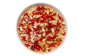 Chili with fish sauce isolated on white. Chili sauce, Thai chili sauce isolated on white