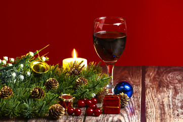 Red wine in christmas setting 