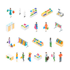 Clothing Store Interior with Furniture Elements Isometric View. Vector