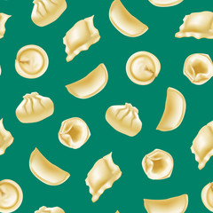 Realistic Detailed 3d Different Types Dumplings Seamless Pattern Background. Vector