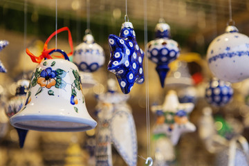 Close up of Christmas market stall in Vienna, Austria. Christmas decorations at a Christmas market. Merry christmas, cute festive decoration