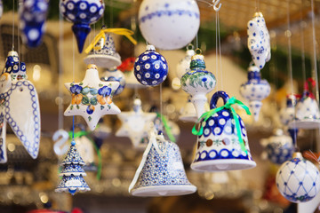 Close up of Christmas market stall in Vienna, Austria. Christmas decorations at a Christmas market. Merry christmas, cute festive decoration