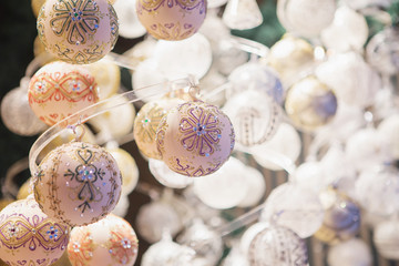 Close up of Christmas market stall in Vienna, Austria. Christmas decorations at a Christmas market. Merry christmas, cute festive decoration
