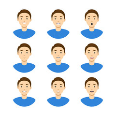 Cartoon Man Avatar Set Different Types Emotions. Vector