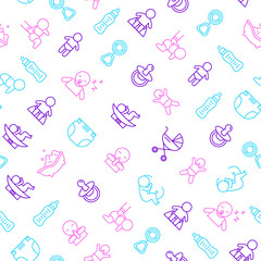 Newborn Babies Signs Thin Line Seamless Pattern Background. Vector