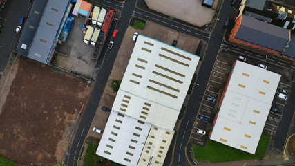 Aerial view of an industrial area with warehouses in the UK