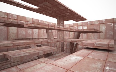 empty abstract room interior of sheets rusted metal. Architectural background. 3D illustration and rendering