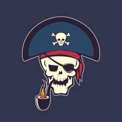 Pirate skull smoking a pipe. Isolated vector illustration.