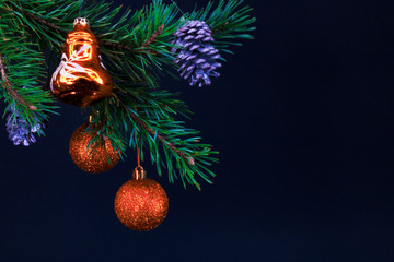 Christmas toys on a branch, on a dark background