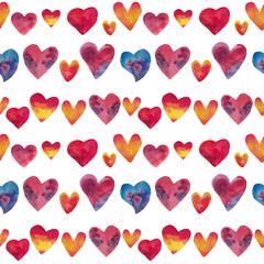 Watercolor seamless pattern of hand drawn red orange blue hearts. Design for wrappind papper, postcards, valentines cards, background.