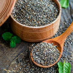 Healthy Chia seeds in a wooden bowl