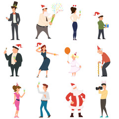 set of cartoon people dancing celebrating people having fun at the new year party.