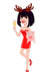 Beautiful woman wearing mask with reindeer horns