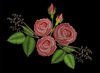 Embroidery pink rose flower with bud and green leaf